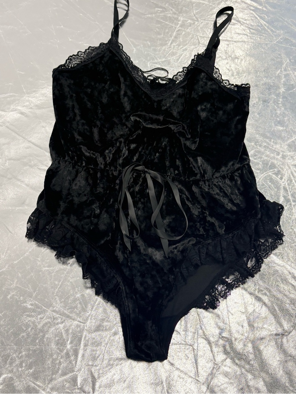 Dolls Kill Black Velvet Lace-Trim Bodysuit